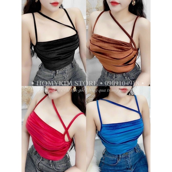 Áo 2 Dây Nhung Croptop Dây Chéo Ngực Nhún