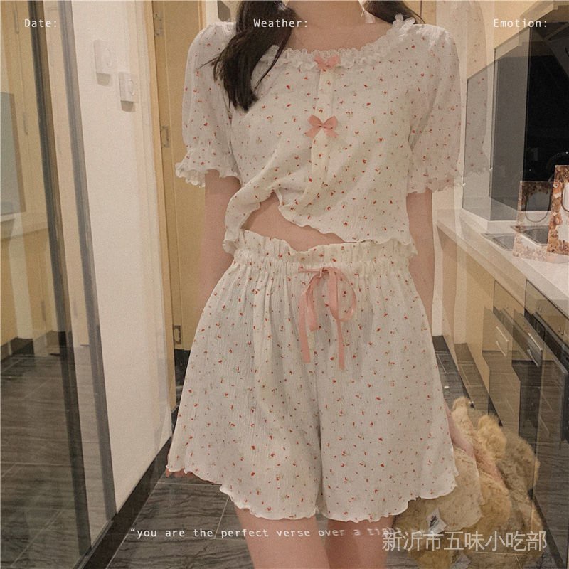 Bộ Đồ Ngủ Hai Mảnh Áo Phối Ren Hoa Mỏng Thời Trang Mùa Hè Dễ Thương Cho Nữ