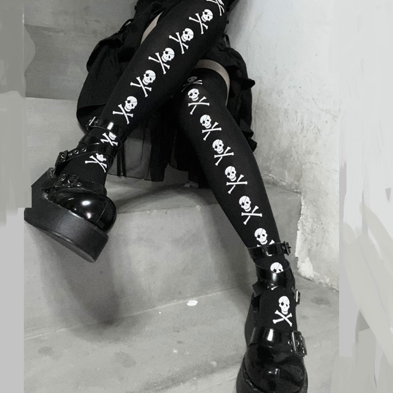 Tất Đen Dài Qua Gối Họa Tiết Bộ Xương Phong Cách Gothic Hóa Trang Halloween Cho Nữ