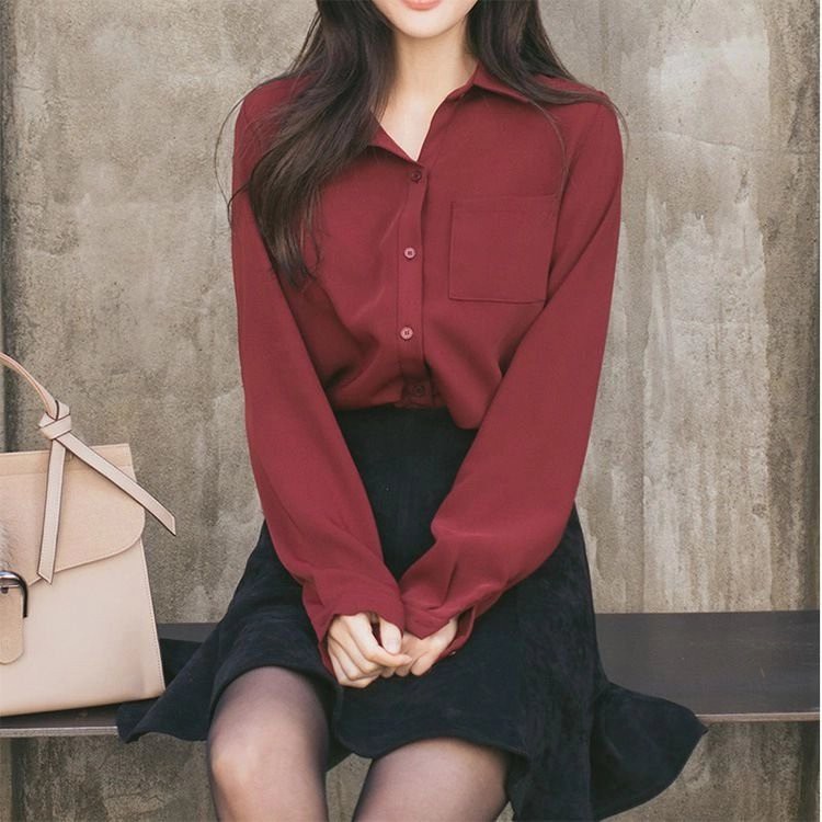 ÁO SƠ MI TRƠN BASIC MÀU ĐEN, ĐỎ FORM RỘNG OVERSIZE 1 TÚI