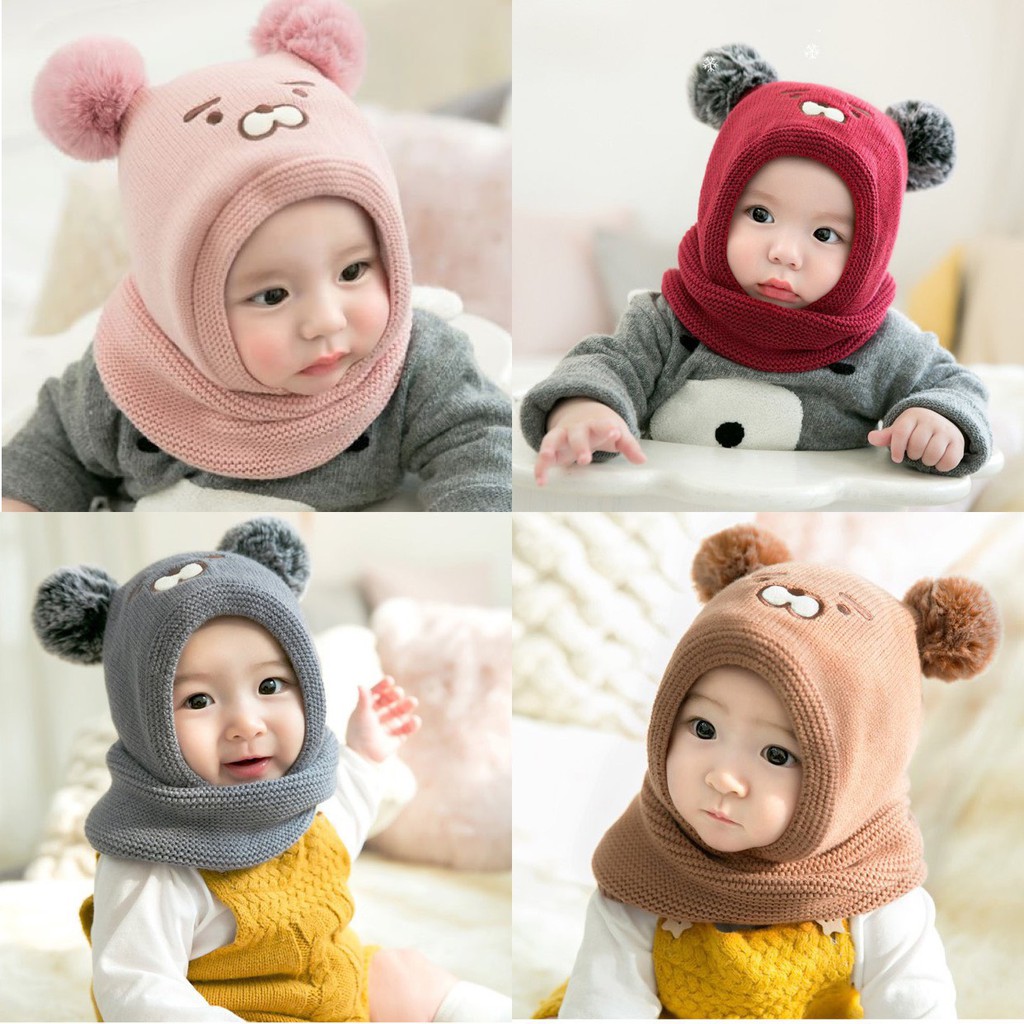 NÓN LEN LIỀN KHĂN CỔ 2 CỤC BÔNG ẤM ÁP CHO BÉ YÊU 7 - 36 tháng