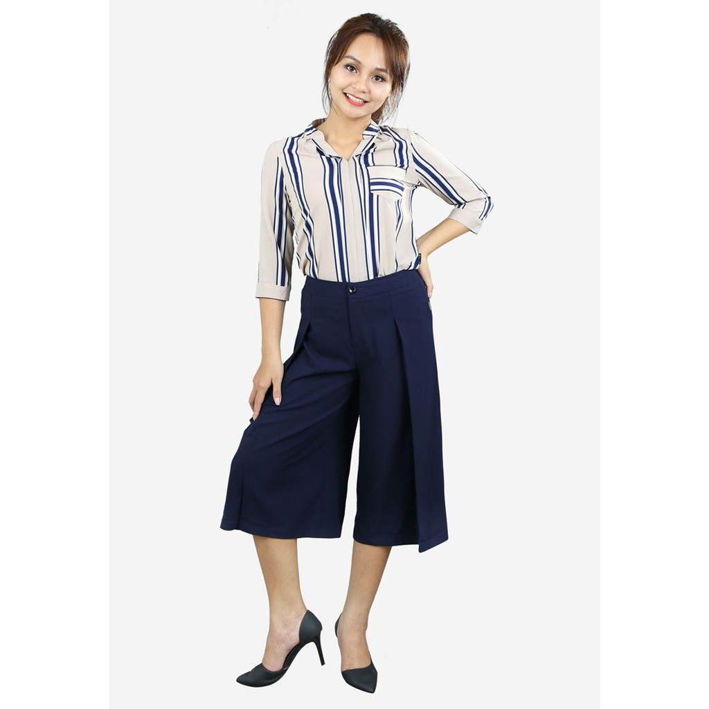 Quần ống sớ xước tím than cạp 4 cm xếp li dọc ống The One Fashion QL187TT3