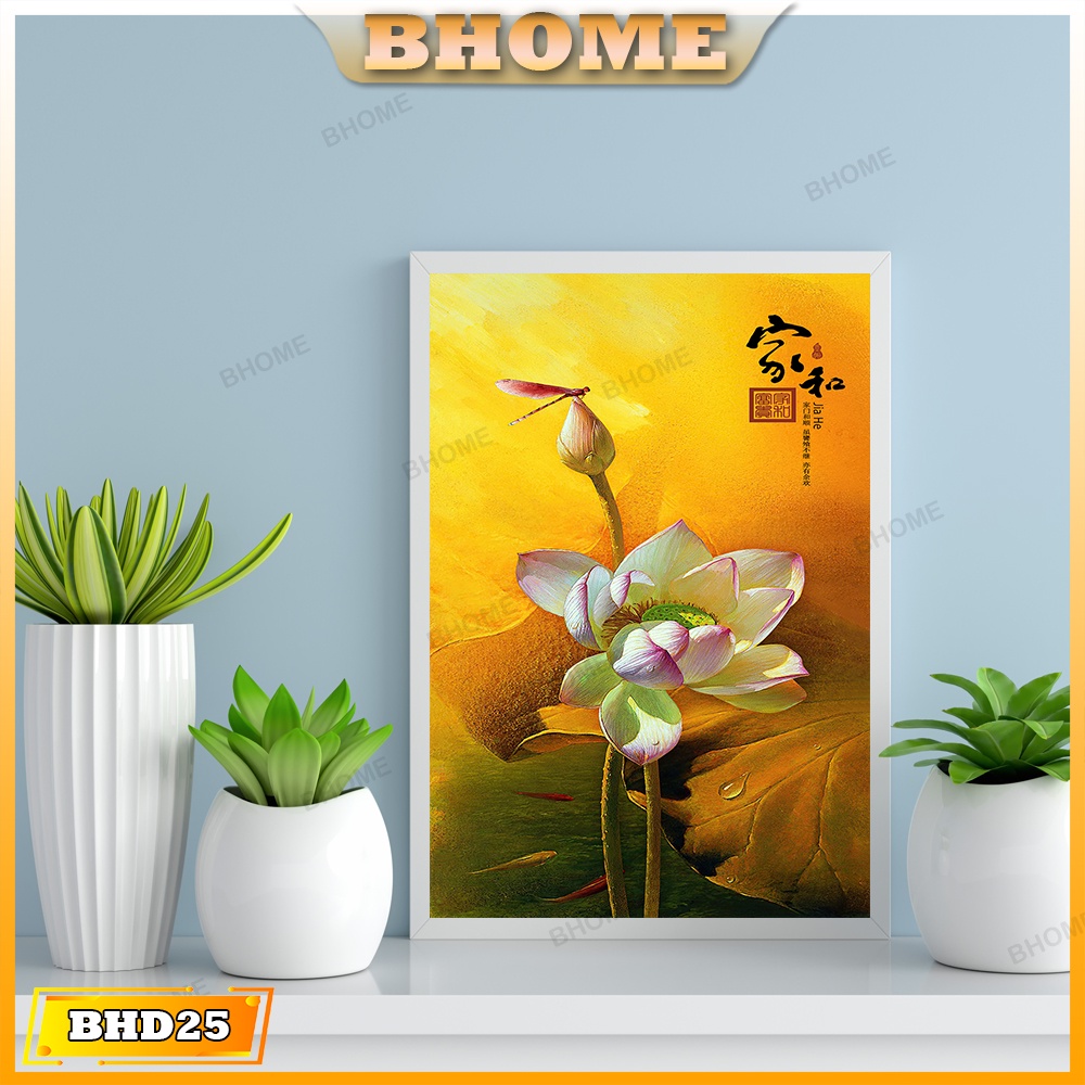 Tranh Treo Tường Decor Phong - Hoa Sen Khoe Sắc Tông Vàng ( Đã Có Khung )