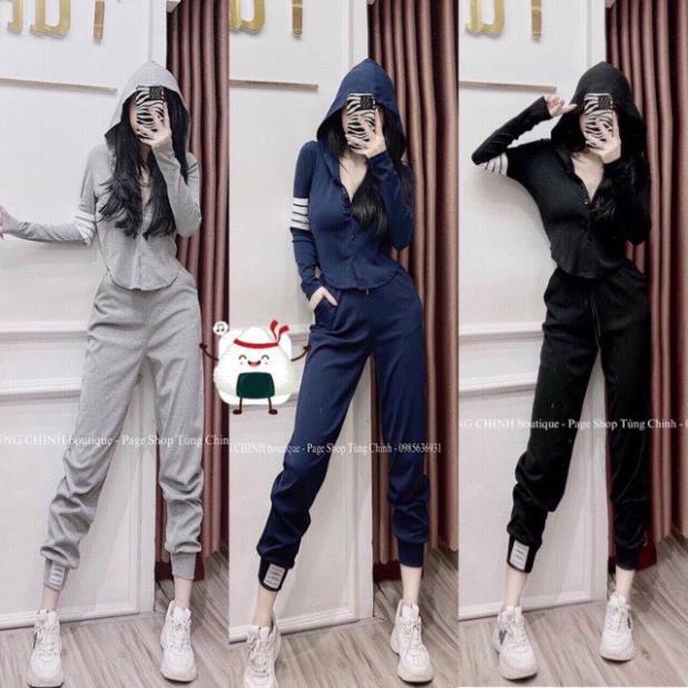 Sét thể thao thun tăm gồm quần jogger và áo dài tay. Bộ thể thao thom sọc trắng cho nữ !