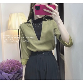 Áo sơ mi cổ V mix áo len cổ lọ( áo liền)