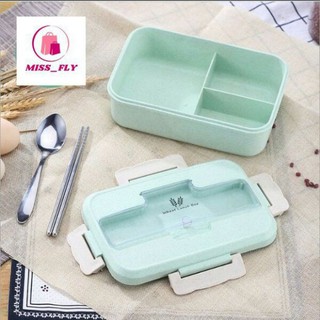 Khay đựng cơm lúa mạch 3 ngăn kèm thìa và đũa inox