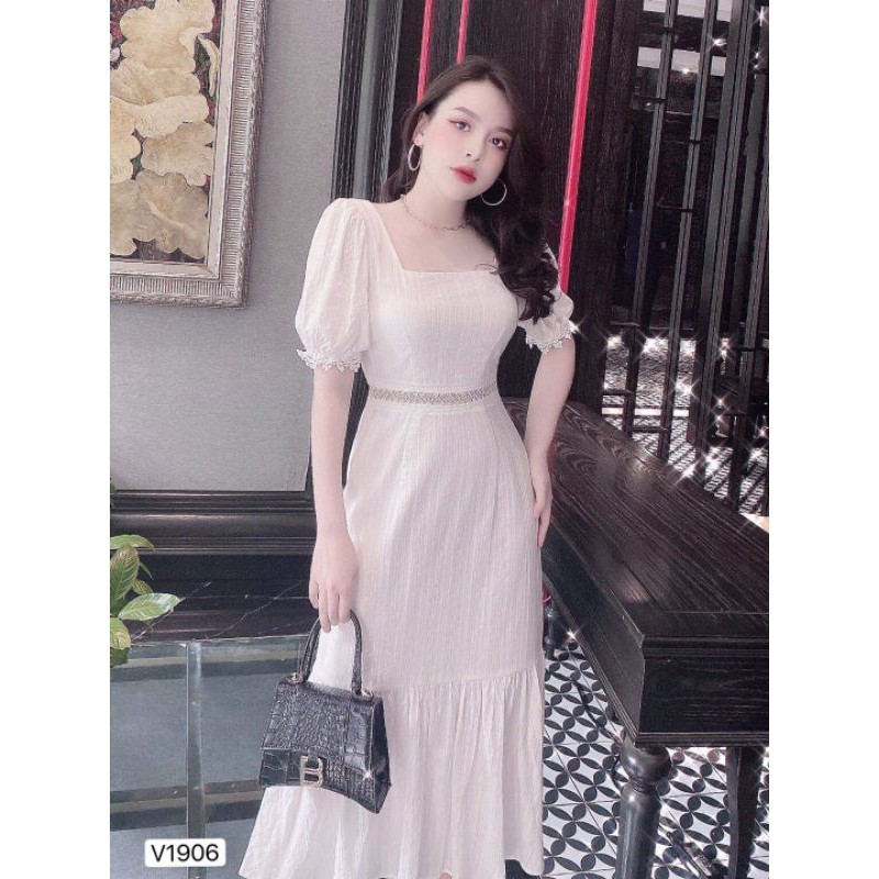 [VÁY ĐI DU LỊCH CAO CẤP] Váy thiết kế dài trắng cổ vuông đuôi cá | BigBuy360 - bigbuy360.vn