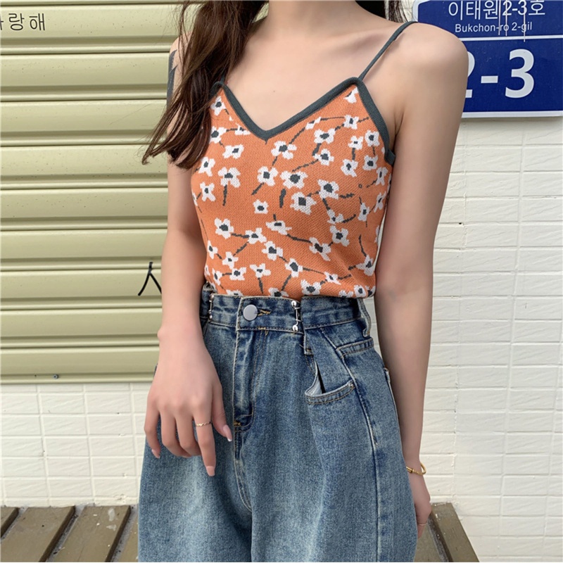 Áo Croptop Dệt Kim Hai Dây Cổ Chữ V In Họa Tiết Hoa Nhiều Màu Sắc Phong Cách Vintage Quyến Rũ Thời Trang Cho Nữ