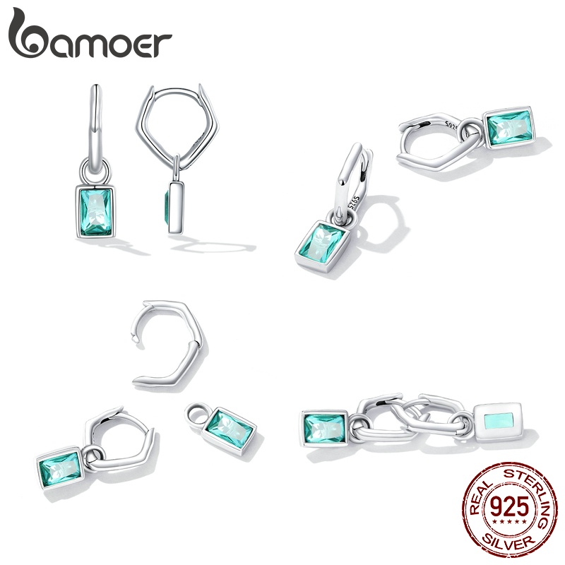 Bông tai BAMOER BSE613 bằng bạc 925 bất đối xứng đính kim cương xanh thời trang cho nữ