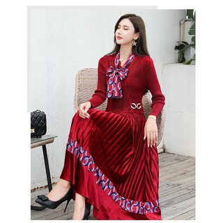 Đầm xòe lụa phối nhung dập ly cao cấp - ls322515 - hàng quảng châu