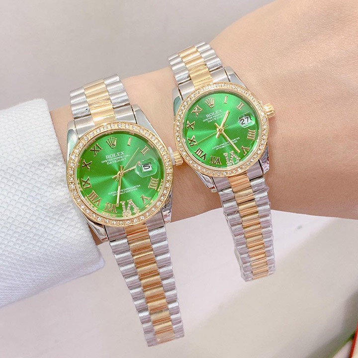 Đồng hồ Rolex nam nữ viền đá, mặt số la mã đính đá, dây đúc hợp kim không gỉ, không phai màu - Bảo hành 12 tháng