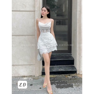 Đầm dáng chữ A hai dây ren tầng cổ đổ