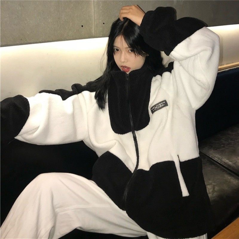 Áo khoác nỉ hoodie phối màu đen trắng lót lông Hàn Quốc có ảnh thật | BigBuy360 - bigbuy360.vn