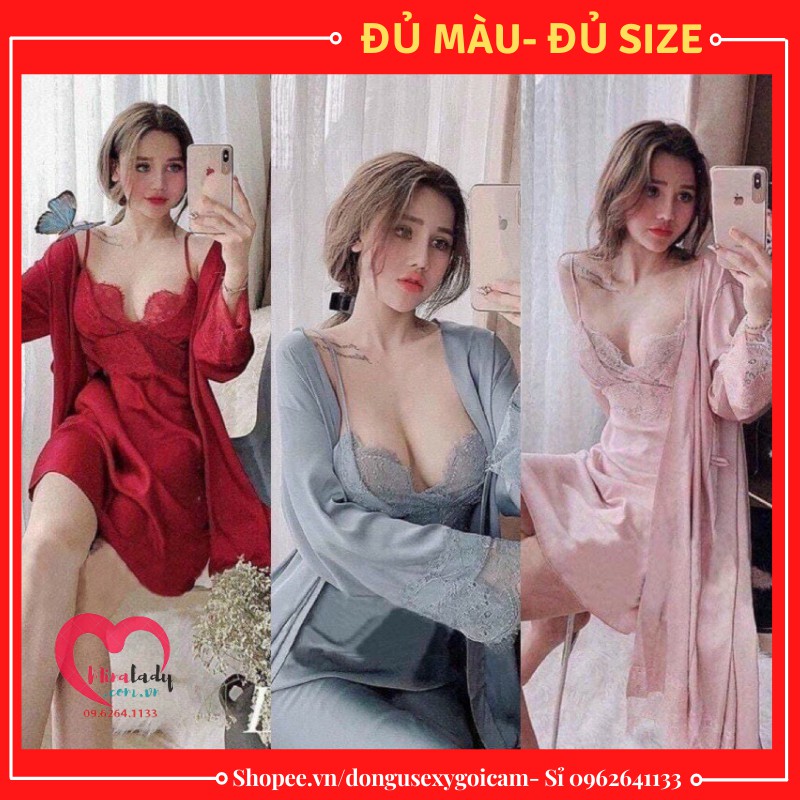 Sét Váy Ngủ Lụa 2 Dây Áo Choàng Ngủ Lụa Dài Nữ Sexy Gợi Cảm Quyến Rũ Giá Rẻ Đủ Màu Size Kèm Mut