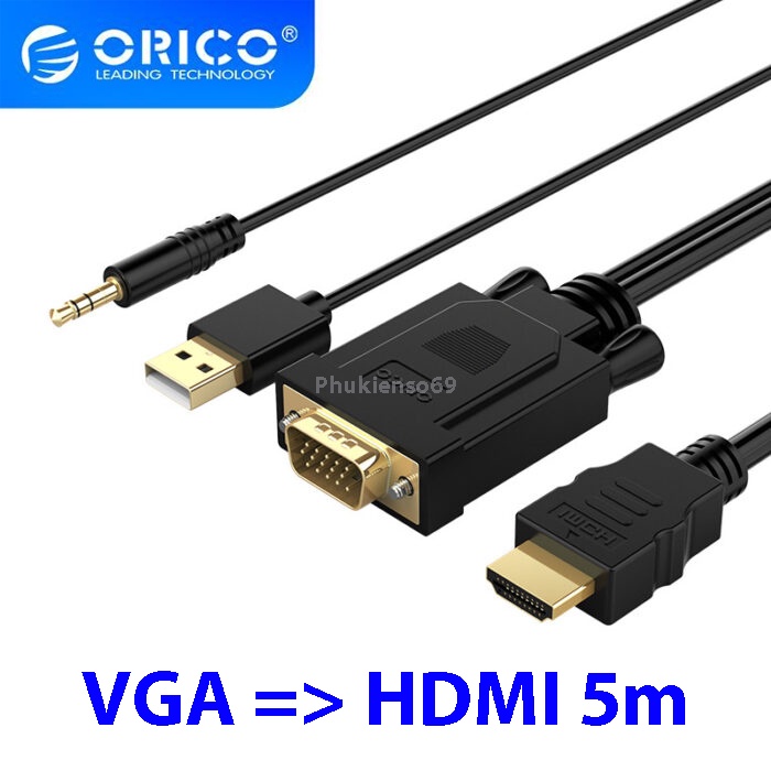 Cáp chuyển VGA sang HDMI tích hợp Audio hỗ trợ Full HD dài 5m ORICO XD-VATH-50 - Hàng chính hãng