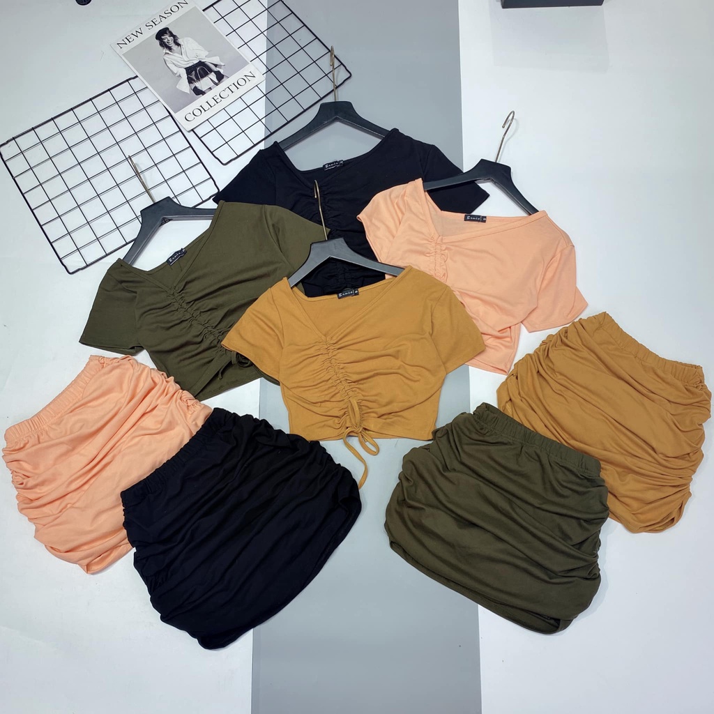 SÉT áo croptop rút dây+chân váy nhún