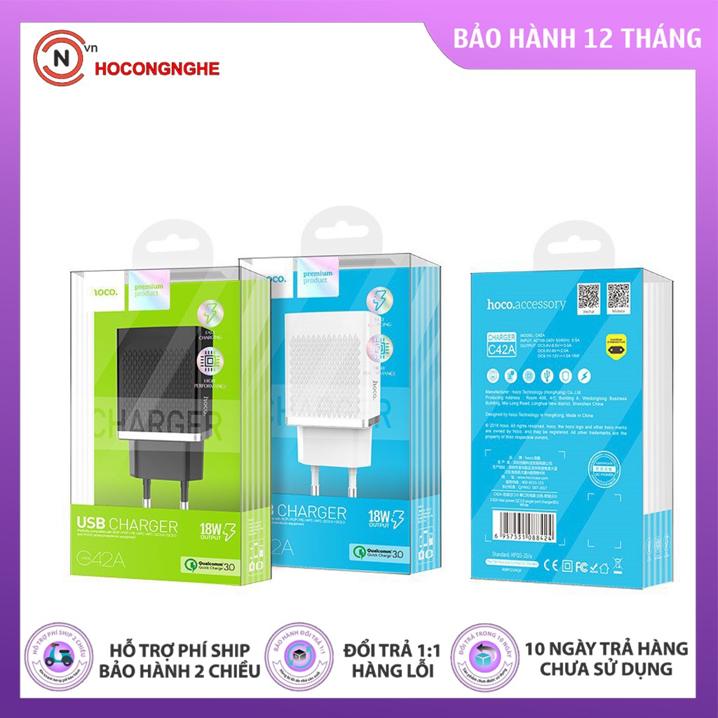 [Mã 2404EL10K giảm 10K đơn 20K] CHÍNH HÃNG Củ sạc nhanh Hoco C42A Sạc Nhanh Quick Charge QC3.0 {BẢO HÀNH ĐỔI MỚI}