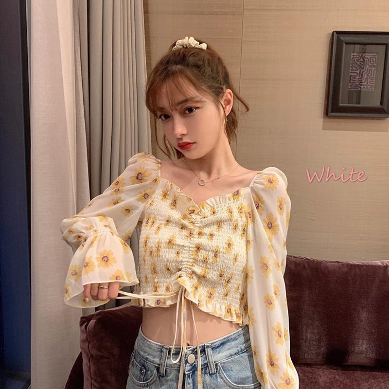 Áo Croptop Chất Liệu Vải Voan Hoạ Tiết Hoa Xinh Xắn Cho Nữ