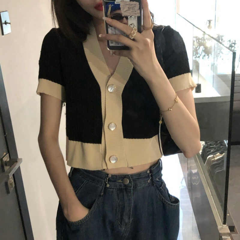 NZN Áo cardigan dệt kim cổ chữ V tay ngắn dáng rộng thời trang Hàn Quốc