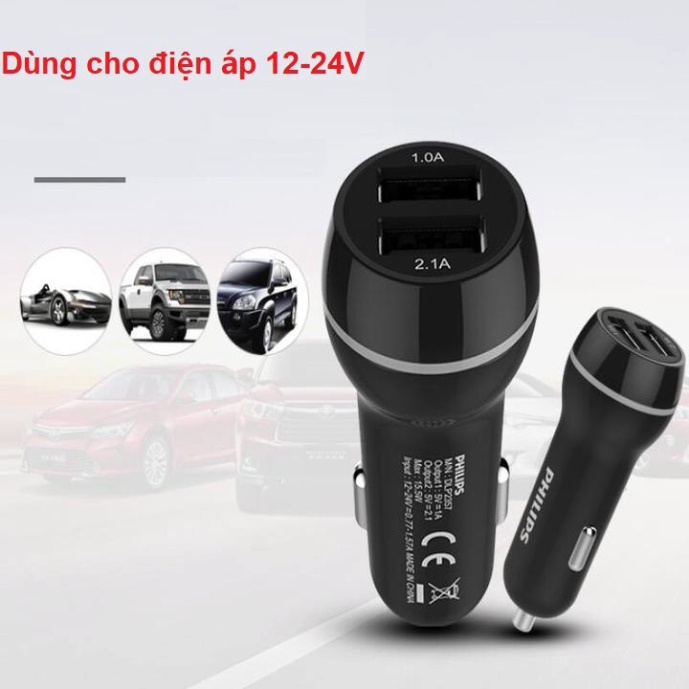 [GIÁ SỐC - HÀNG CHÍNH HÃNG] Bộ tẩu sạc dùng trên xe hơi, ô tô cao cấp thương hiệu Philips DLP2357