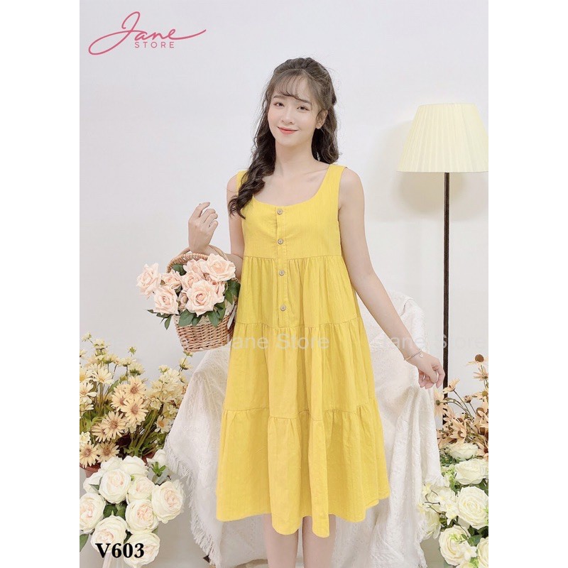 Váy ngủ dáng xòe Đồ ngủ mặc nhà chất đũi cực mát mẻ màu vàng Jane mã V603