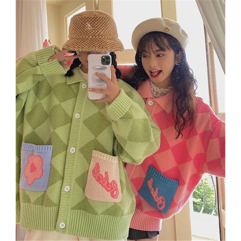 Áo khoác cardigan dệt kim dáng rộng kẻ sọc đính đá dễ thương