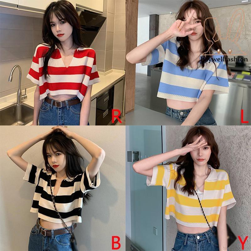 Áo thun tay ngắn cổ chữ V dáng rộng in hoạ tiết kẻ sọc phong cách trẻ trung | BigBuy360 - bigbuy360.vn