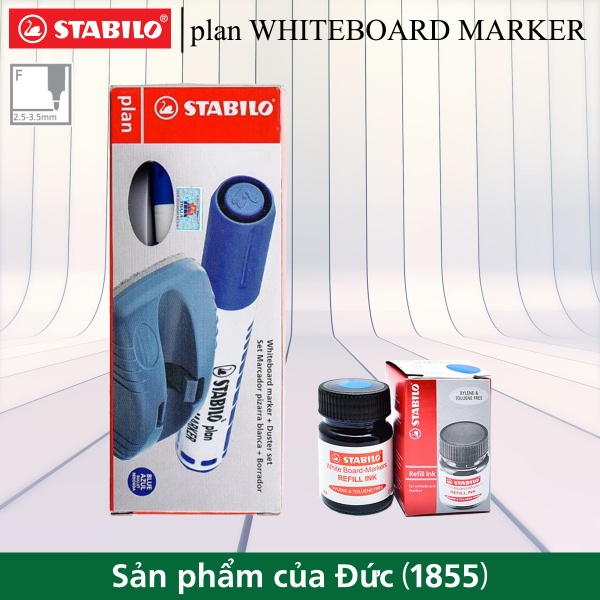 Bộ 1 Bút viết bảng STABILO plan + Dụng cụ lau bảng nhỏ + Mực châm bút viết bảng màu xanh (WM641-1SR)