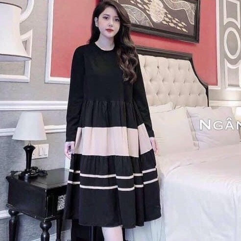 Váy bầu THU ĐÔNG chất cotton xếp tầng sang chảnh mặc đi làm đi chơi V244