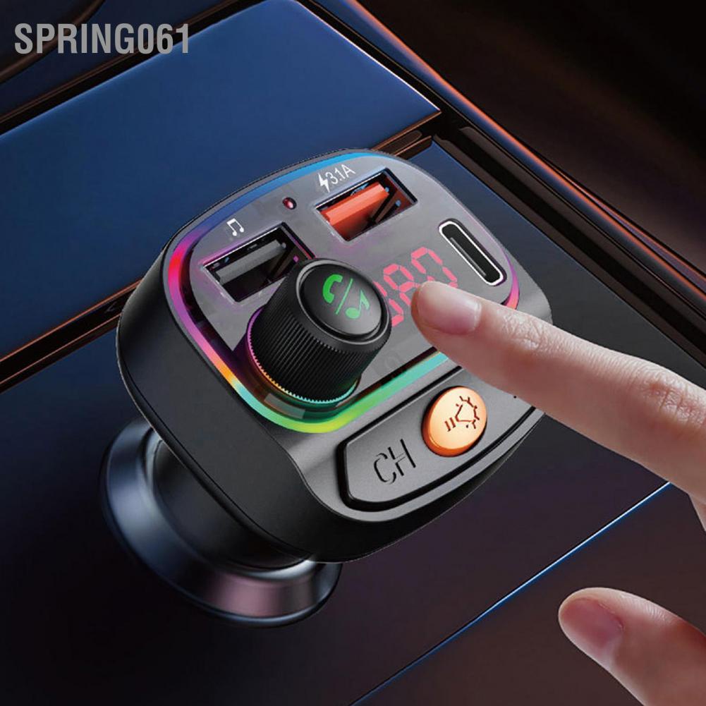 Spring061 FM Transmitter Bluetooth5.0 7 Colors PD3.0 QC3.1 Port Handsfree Call Phone Charger for 12‑24V Cars