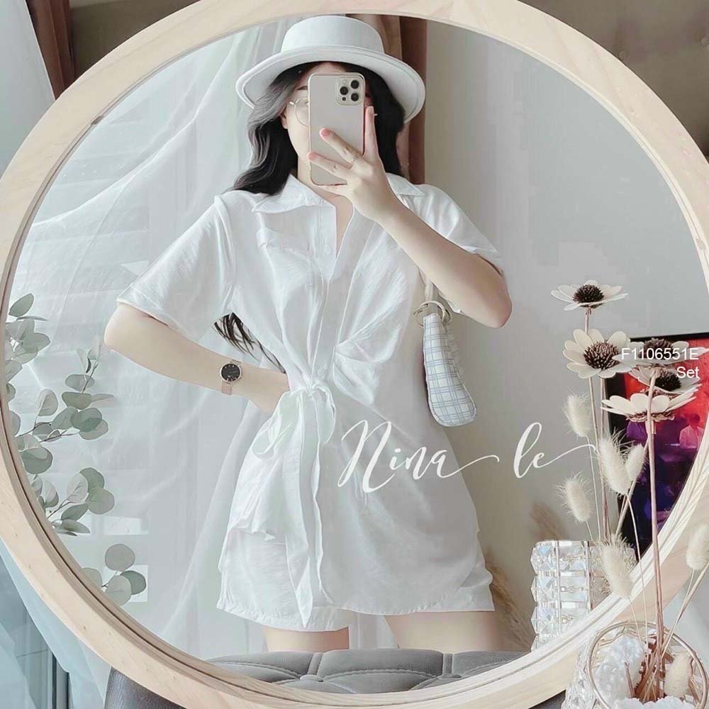Set đũi trắng áo sơ mi thắt nơ bên eo tay con+ quần short!