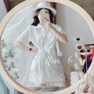 Set đũi trắng áo sơ mi thắt nơ bên eo tay con+ quần short!