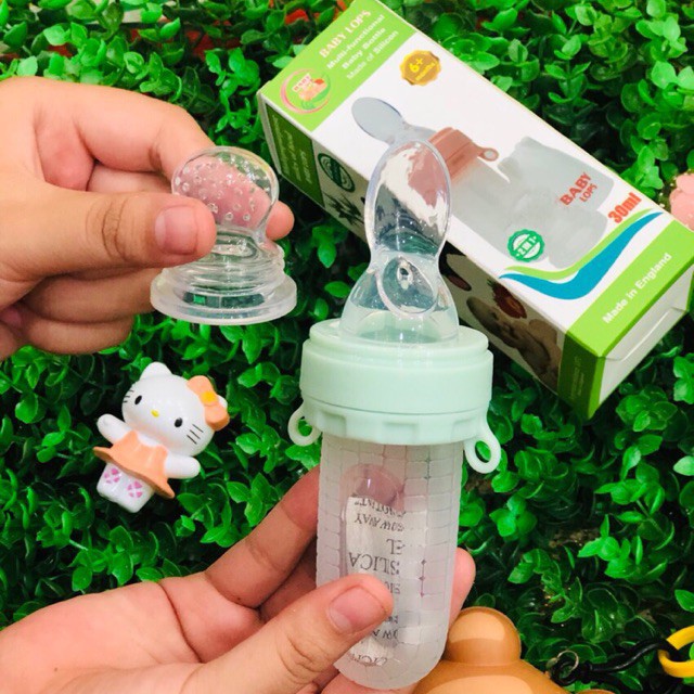 Bình thìa ăn dặm silicon cho bé 2 trong 1 Baby Lops 30ml tặng kèm thìa và núm nhai [Chịu nhiệt 120 độ]