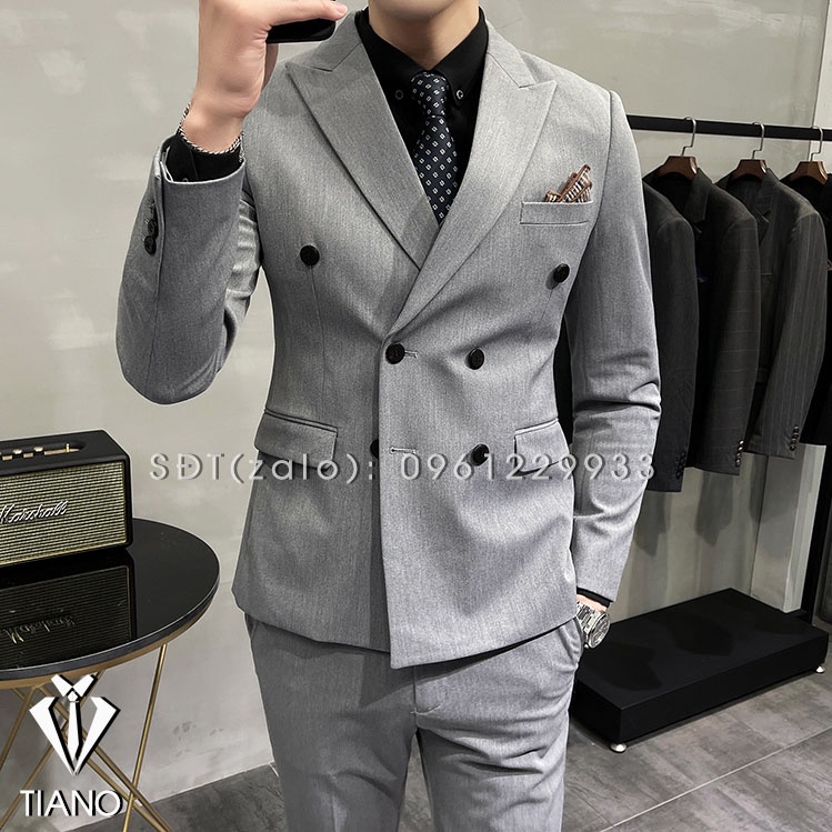 Bộ vest nam 6 khuy Hàn Quốc màu xám sáng cực sang trọng, Vest nam, Suit Nam Cao Cấp - TIANO