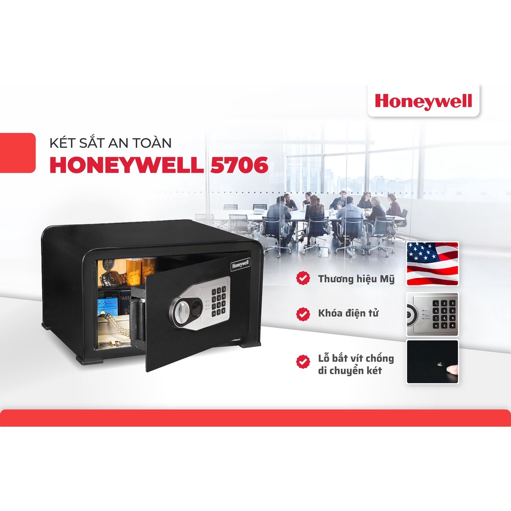 Két sắt điện tử mini nhập khẩu Honeywell 5706, két sắt an toàn khoá điện tử gia đình, khách sạn, resort