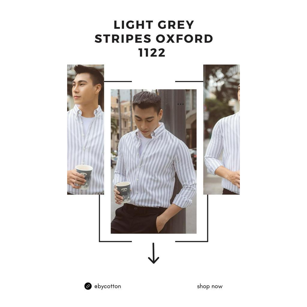 Áo Sơ Mi Nam Ngắn Tay Phối Sọc BY COTTON Light Grey Stripes Oxford 1122