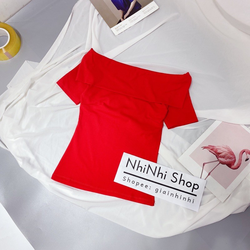 Áo thun kiểu bẹt vai tay cộc, Áo kiểu cổ ngang ngắn tay vải cotton co giãn CS1222 - NhiNhi Shop