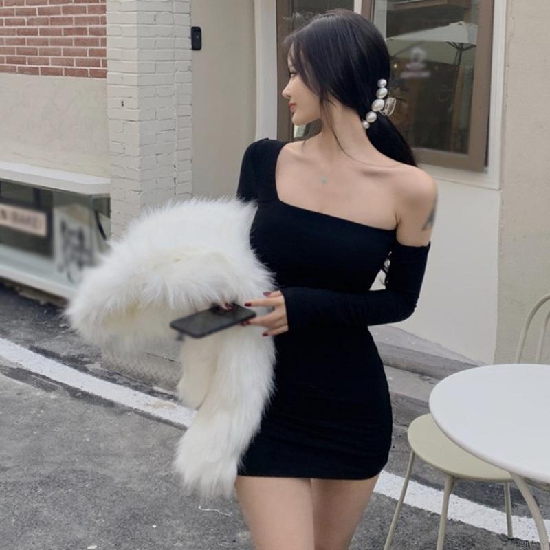 Đầm Body Tay Dài Màu Sắc Retro Phong Cách Hàn Quốc