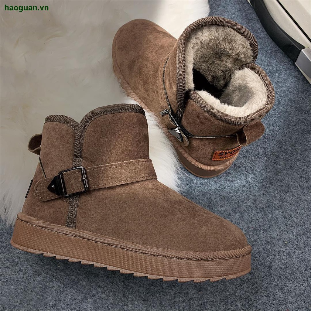 Giày bốt đi tuyết đế bằng lót cotton phối lông nhung phối đai được làm thủ công thời trang mùa đông