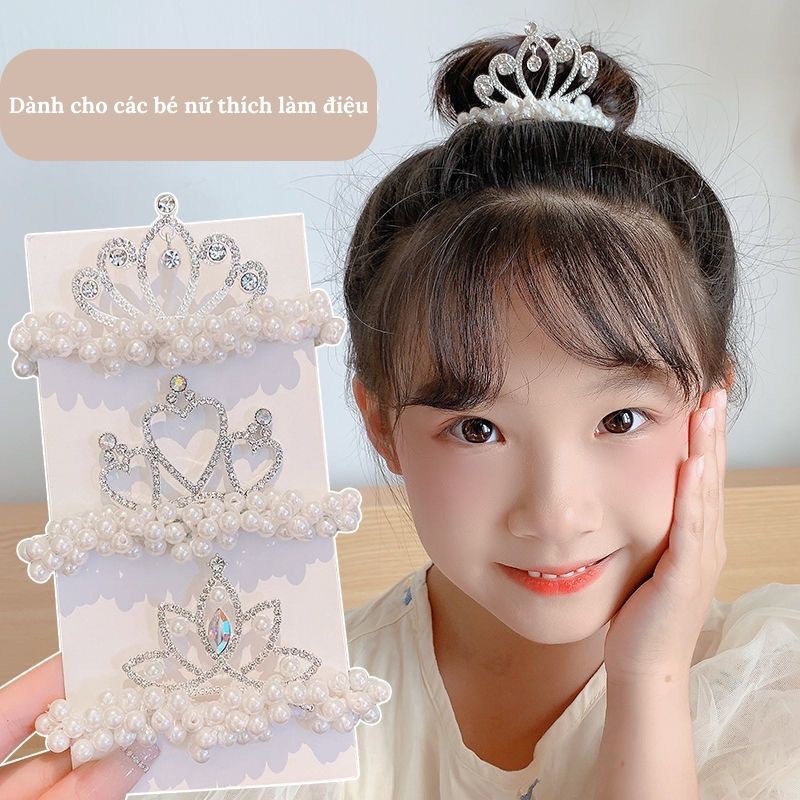 Dây buộc tóc đính đá vương miện, búi tóc đính đá vương miện ngọc trai siêu xinh cho bé gái