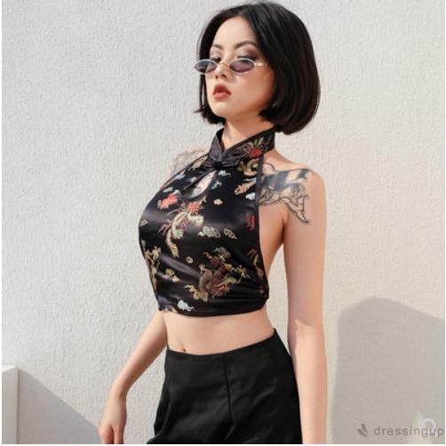 Áo Croptop Không Tay Cổ Chữ V Khoét Sâu Thêu Hình Rồng Gợi Cảm