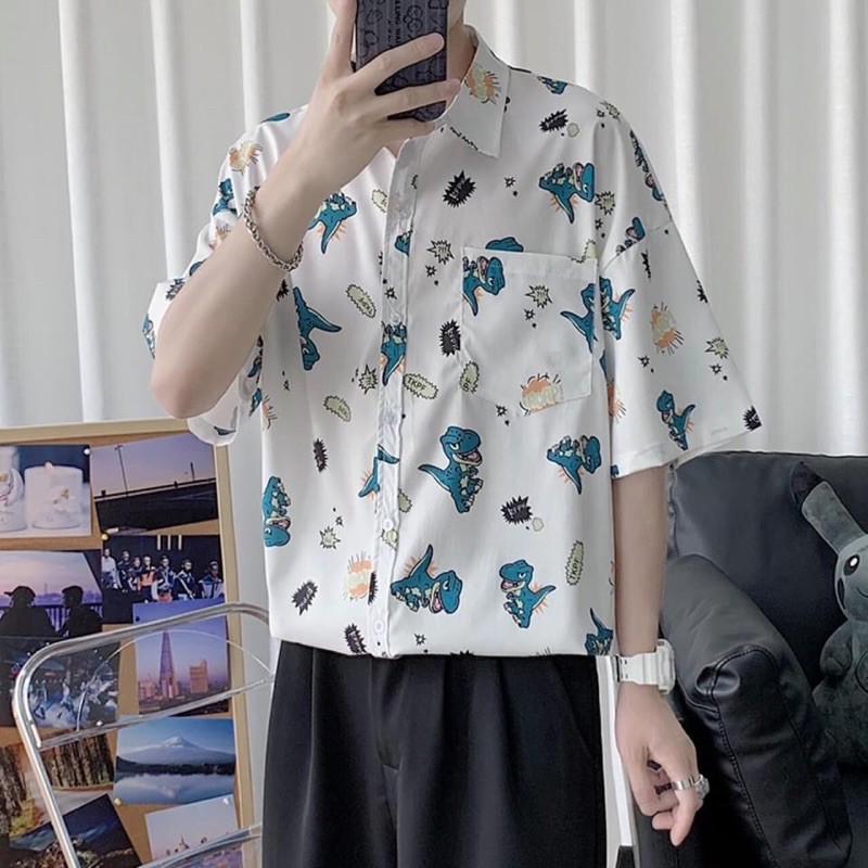 Áo sơ mi unisex hình khủng long tí hon (đen/trắng)