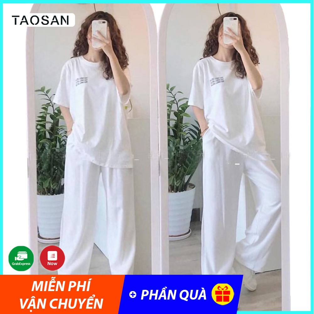 [QUÀ TẶNG LÀ 1C KHÂUTRANG] Sét đồ nữ trắng vải cotton áo phông quần ống rộng quảng châu, bộ quần áo freesize Taosan