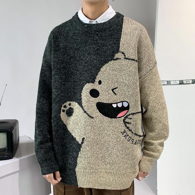 Áo Sweater Dệt Kim Tay Dài Dáng Rộng In Hoạt Hình Kiểu Hồng Kông Thời Trang Thu Đông Cho Nam Tf1