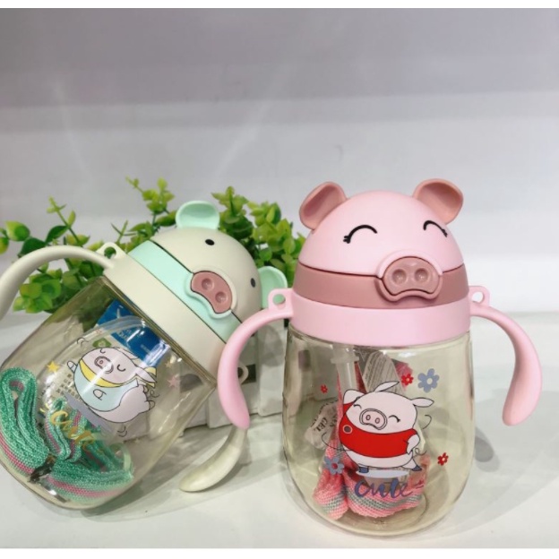 Bình tập uống nước hình con lợn có dây đeo tiện dụng cho bé (Loại 350ml)