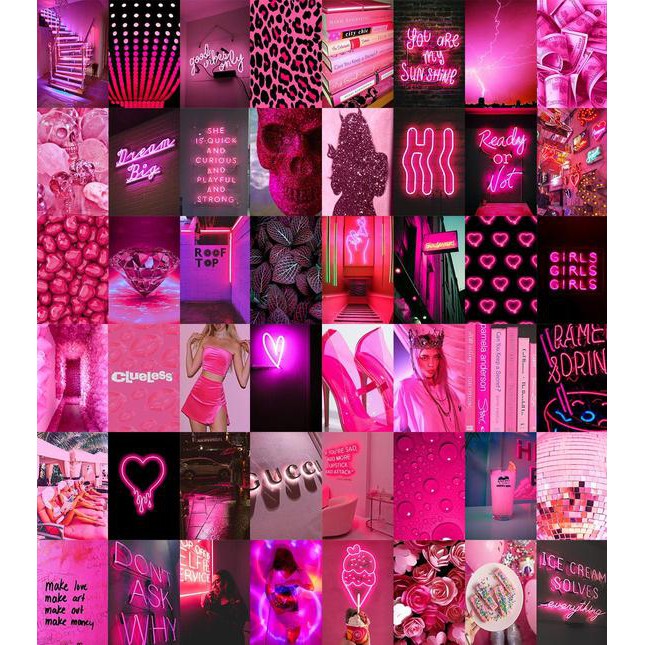12 tấm Wall Collage keo sẵng dán tường trang trí phòng ngủ - theme Hồng neon