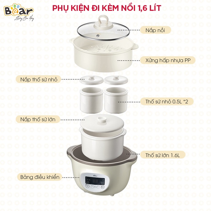 Nồi nấu cháo chậm cho bé chính hãng Bear bản quốc tế 0,8l 1,6l bảo hành 18 tháng AD77