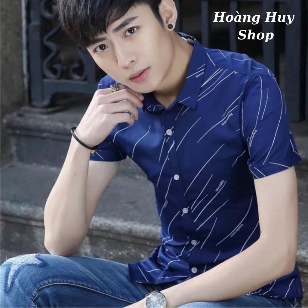 Áo sơ mi nam tay ngắn in họa tiết sọc chéo thiết kế trẻ trung, lịch lãm dành cho phái mạnh