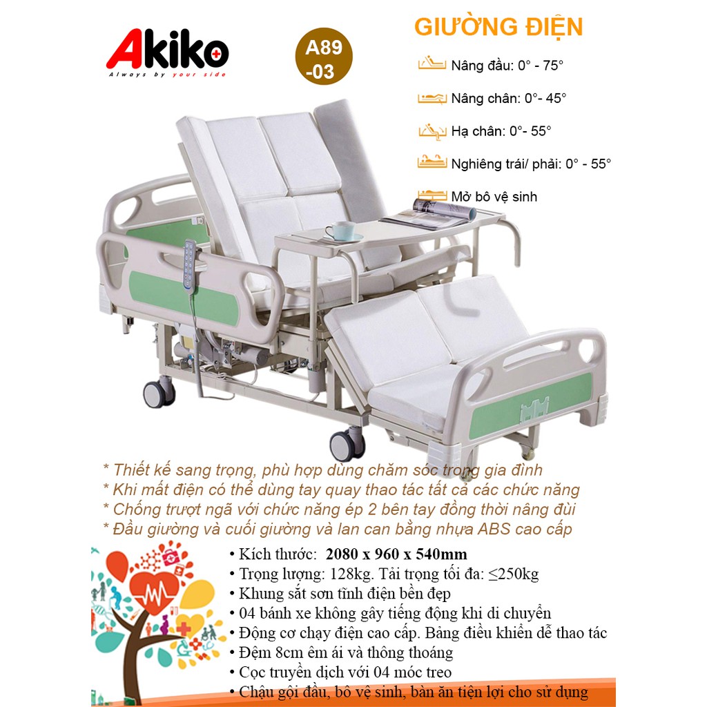 Giường bệnh đa chức năng điều khiển bằng điện A89-03 AKIKO (ga đệm màu vàng nhạt)