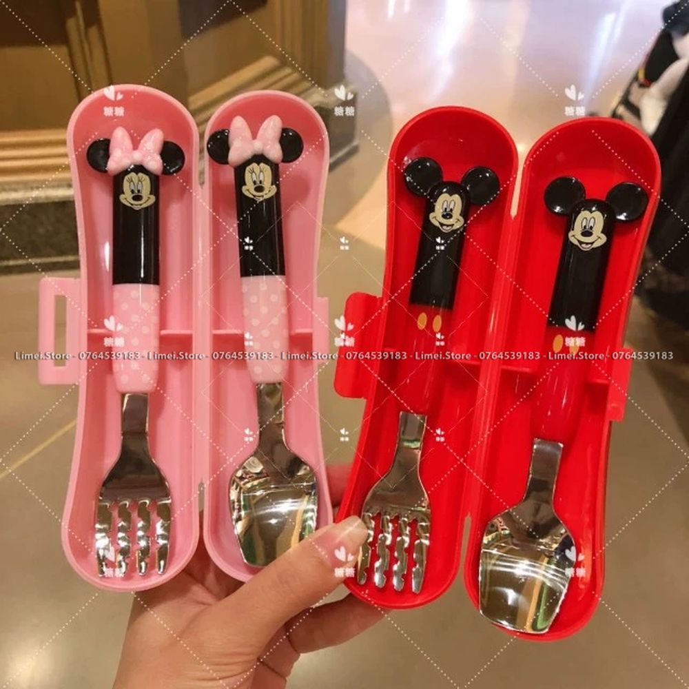 Set muỗng nĩa inox hộp hình Mickey Minnie cho trẻ em bé trai gái Disney